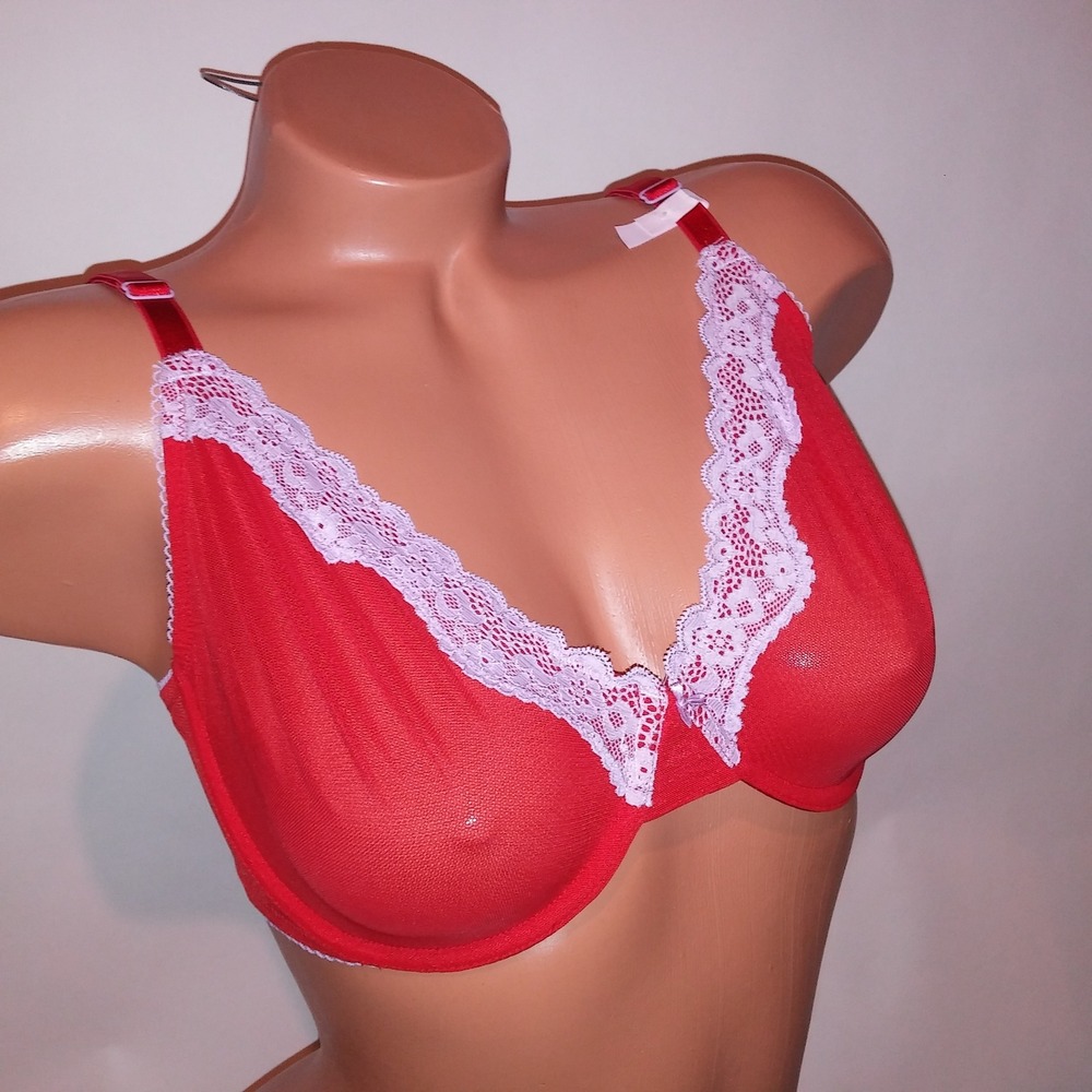 Victoria Secret Bra 34DDD Unlined Demi Red Purple Sheer Lace Trim Tease Collecti